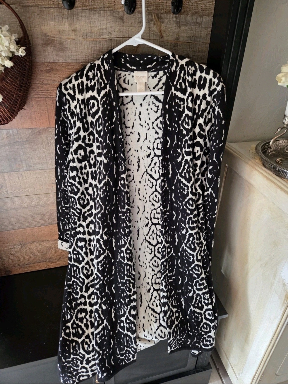 Chico's Black and White Animal-Print Open Cardigan